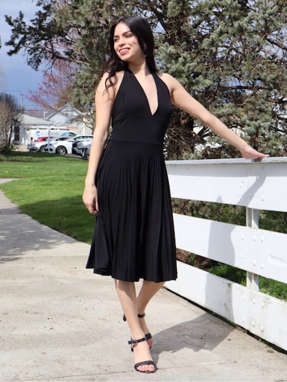 Max & Cleo Black Halter Pleated Midi Dress